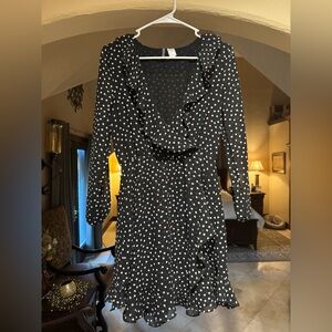 Divided Black and White Polka Dot Long Sleeve Dress